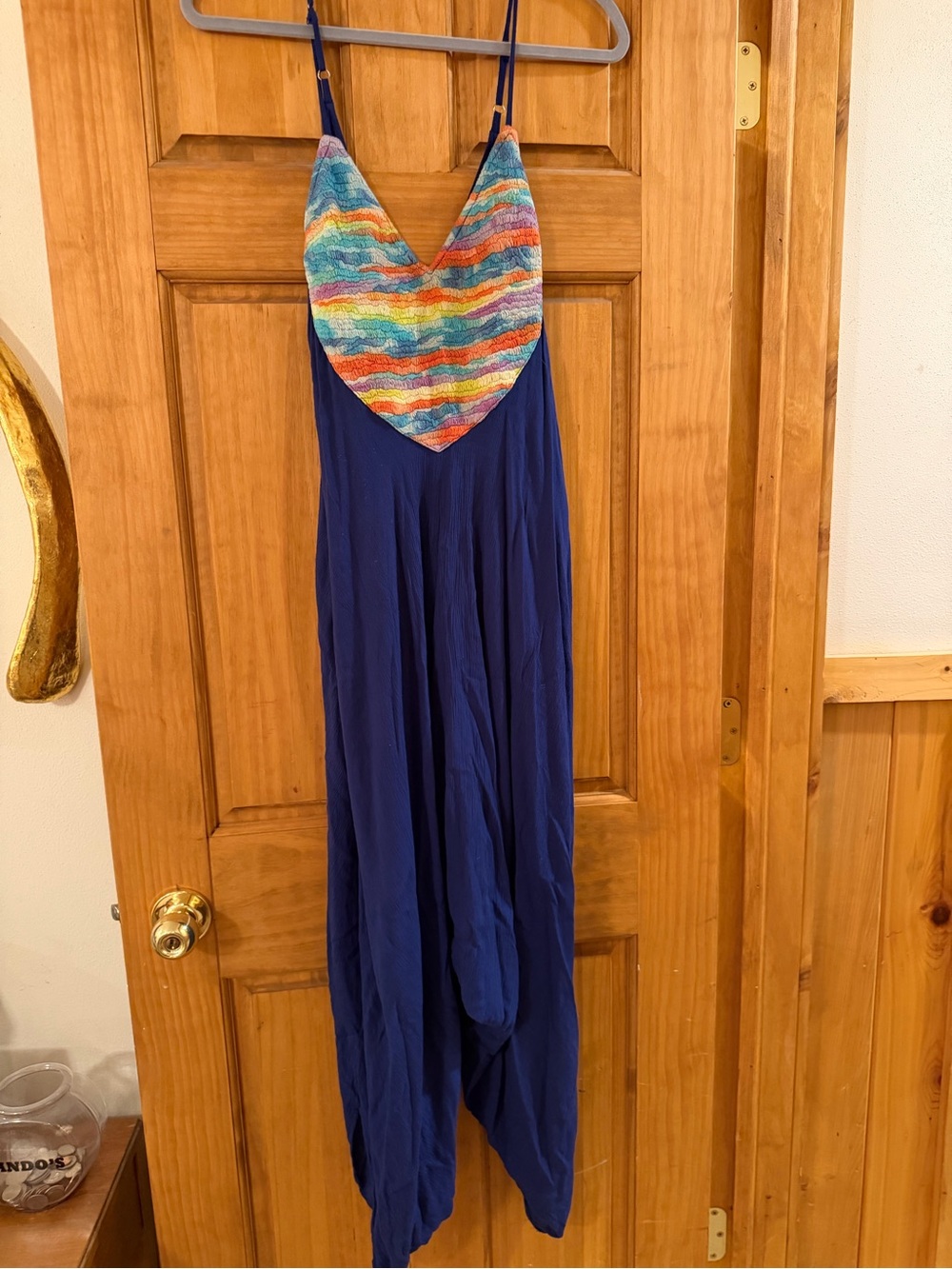 Women’s Navy Blue One-Piece Romper with Multicolor Chevron Bodice